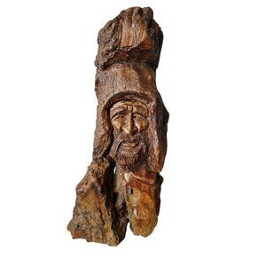 Handmade Folk Art Wooden Carved Old Man with Bared Wall Art, Signed M. Hughes